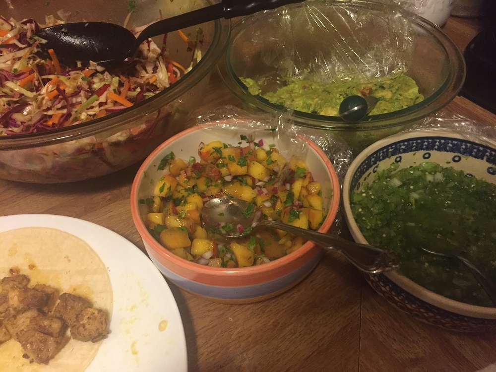 Recipes and menu ideas for dogfish taco night with peach salsa, salsa verde, squash calabacitas